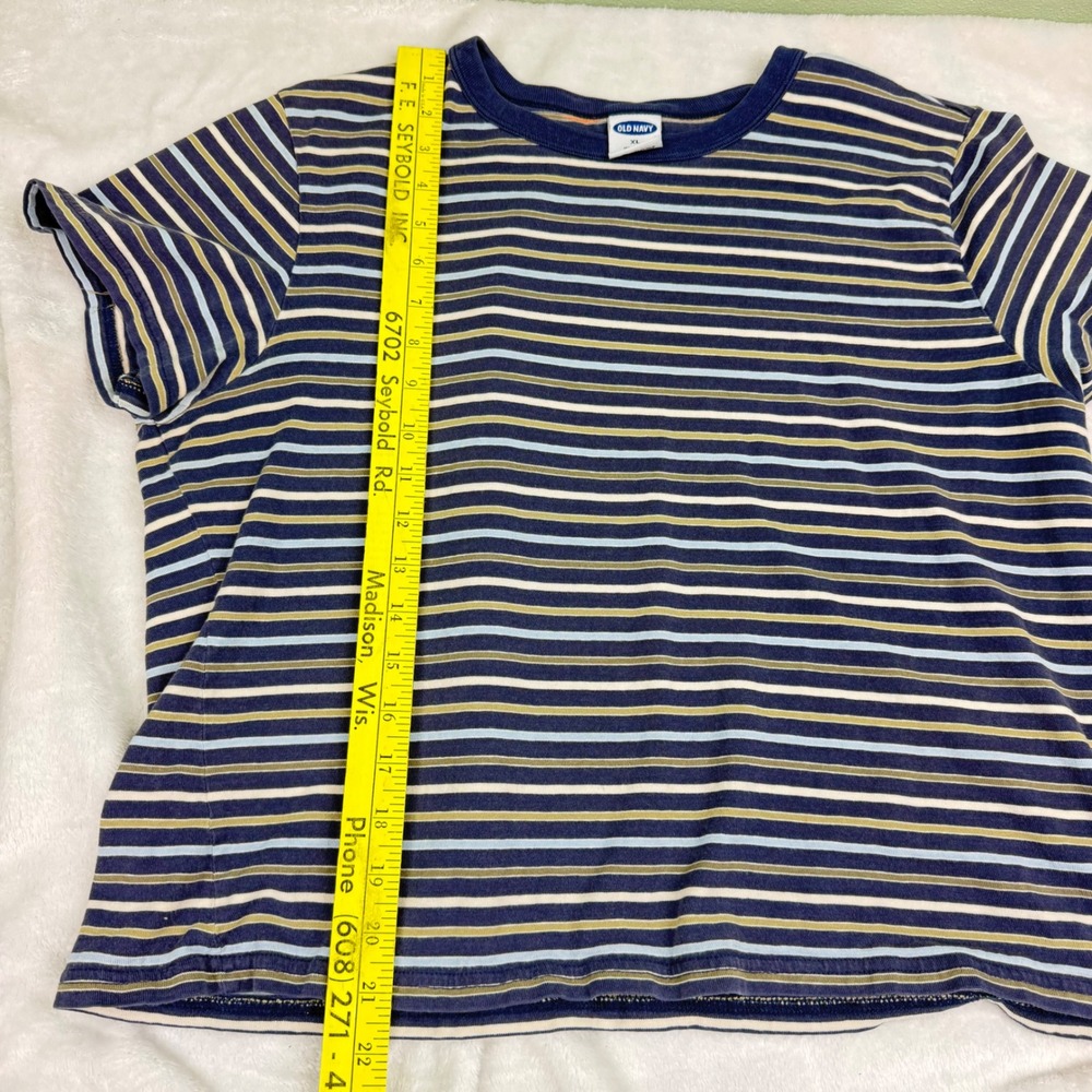 Old Navy Vintage Cropped Striped T-Shirt Navy Blue Tan XL Short Sleeve Cotton - Picture 6 of 7